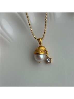 Handmade Gold-Plated Pendant Necklace with Pearls|Santa Necklace|Holiday Jewelry